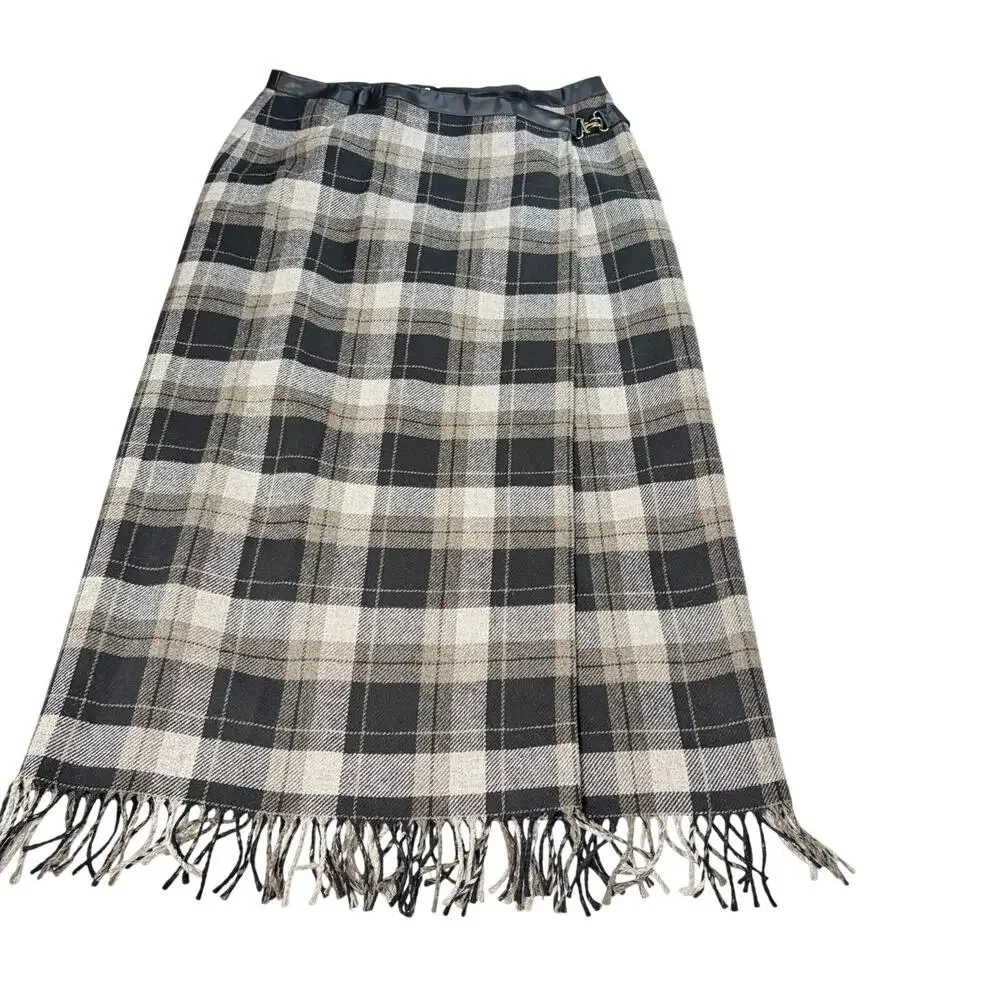VTG A. Gianetti plaid long wool skirt. Size 8. brass leather trim. Cabincore